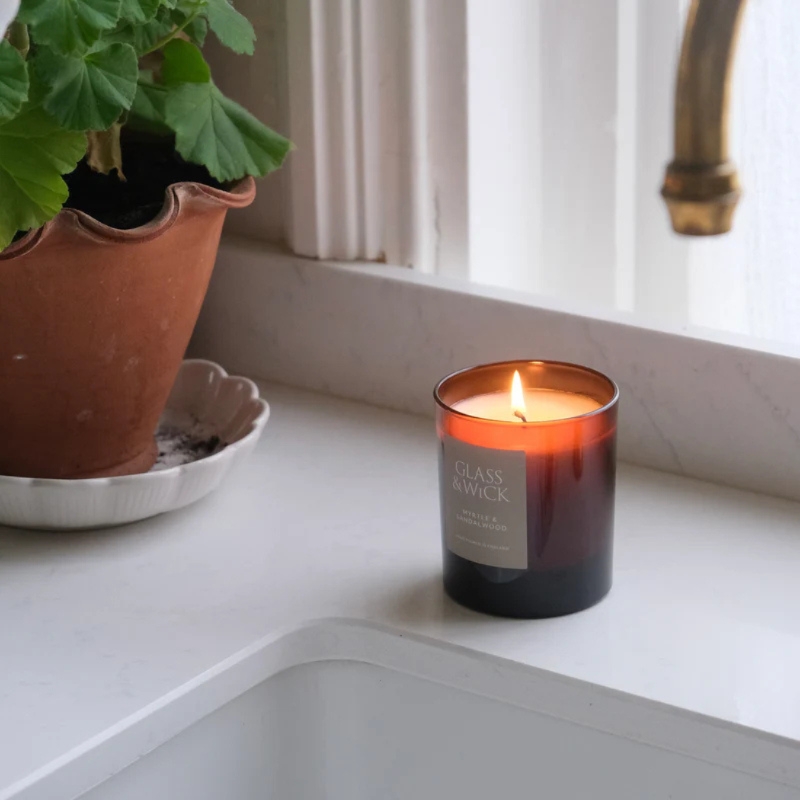 Myrtle and Sandalwood Amber Candle  Glass and Wick